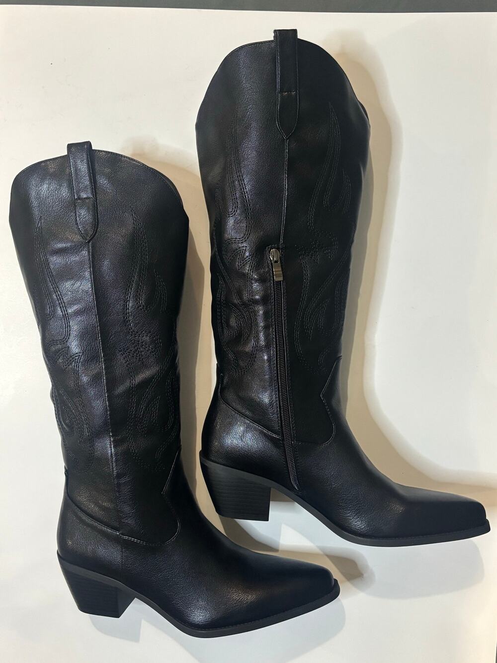 Black Western Cowboy Boots Women’s 9.5 Flame Embroidery Square Toe Block Heel